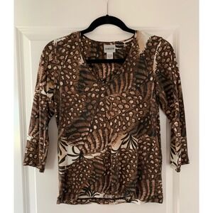 Chico's Women's top Shirt Size 0 Animal Print Brown/Black 3/4 Sleeve   0022
